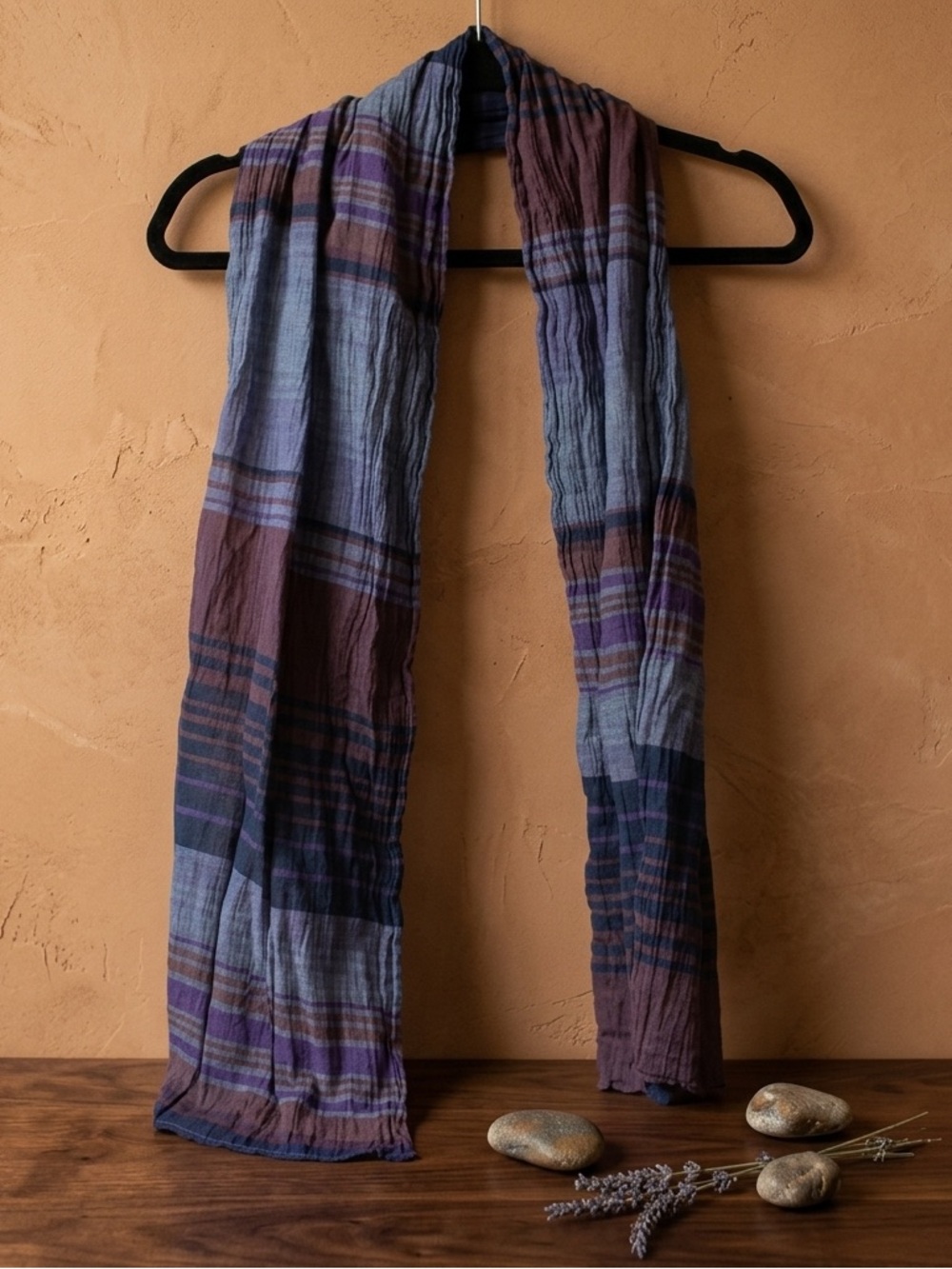 Eddie Bauer Lightweight Striped Crinkle Scarf Purple Blue Plaid Boho